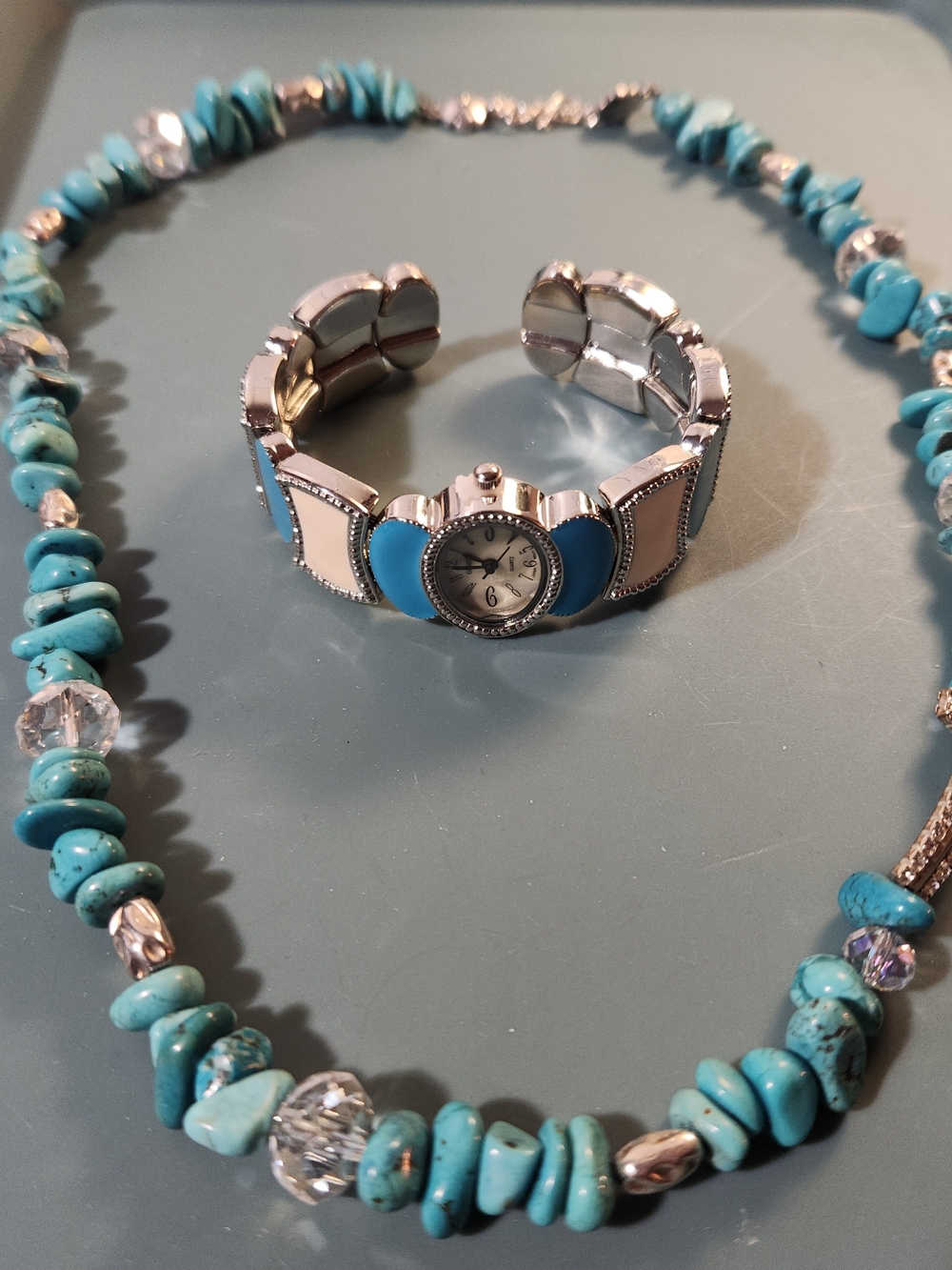 Geneva Silver-Tone Watch with Turquoise Blue Colored How-lite Necklace